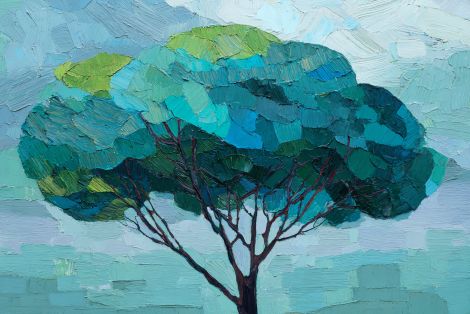 Solitary Tree in Teal Brushstrokes