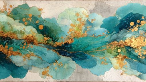 Teal Waves With Golden Bloom