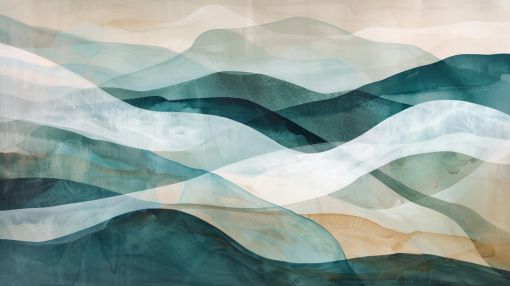 Flowing Teal Mountain Watercolor Waves