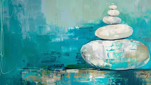 Balanced Stones on Tranquil Teal Waters