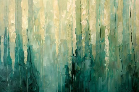 Emerald Rain Through Birch Forest