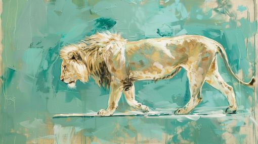 Golden Lion Striding Through Teal