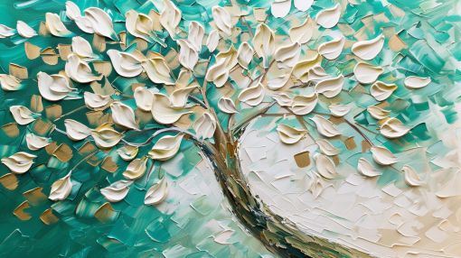 White Blossom Tree in Turquoise Breeze