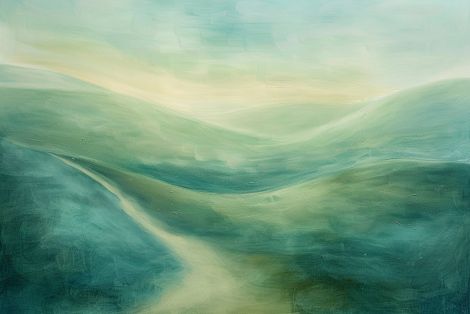 Misty Path Through Rolling Green Hills
