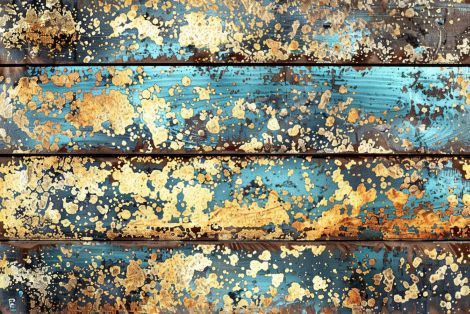 Golden Patina on Weathered Blue Planks
