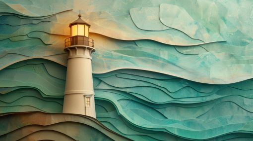 Lighthouse Among Layered Teal Waves