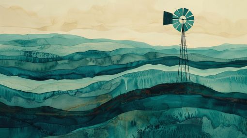 Windmill Over Rolling Teal Hills