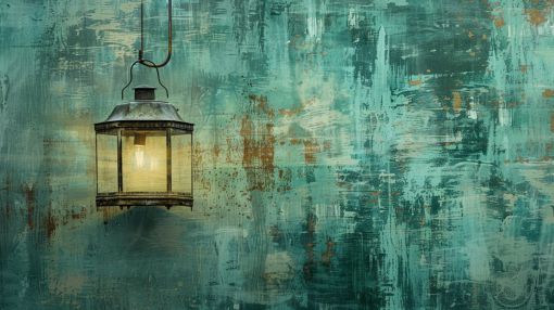 Weathered Lantern on Teal Patina Wall