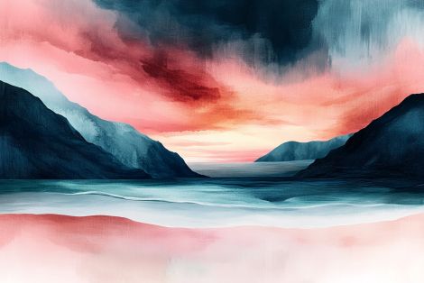 Crimson Dusk Over Mountain Fjord