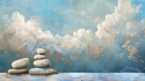 Zen Stones Beneath Golden Cloud Skies