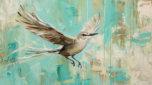 Mockingbird Taking Flight in Turquoise