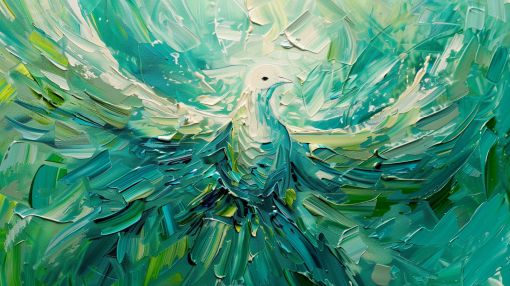 Emerald Dove Rising in Impasto Light