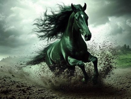 Dark Stallion Charging Through Dust