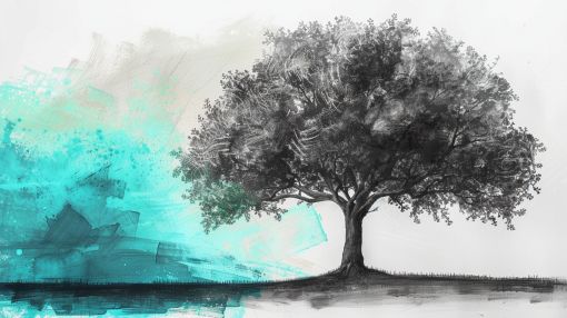 Solitary Oak in Turquoise Wash