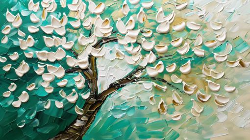 White Blossoms on Teal Impasto Tree