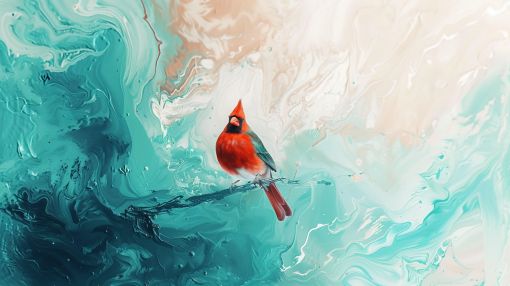Cardinal Amidst Turquoise Marble Waves