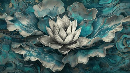 Silver Lotus in Teal Marble Flow