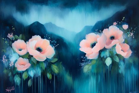 Misty Mountains with Blushing Peonies