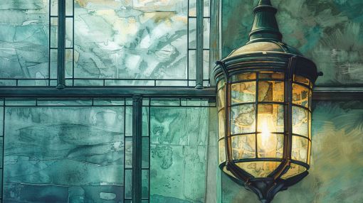 Vintage Lantern Against Teal Glass Panes