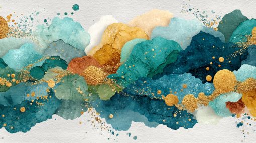 Teal and Gold Watercolor Cloudscape