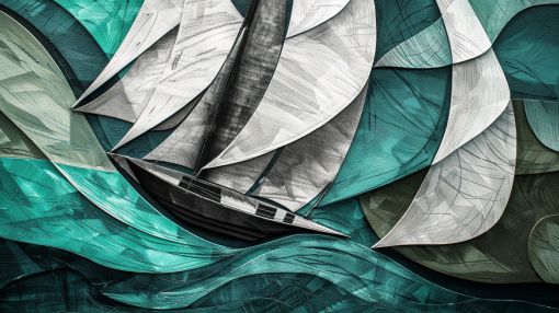 Sailboat Through Emerald Waves Abstract