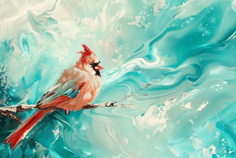 Cardinal Perched in Turquoise Swirls