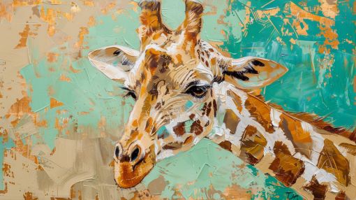 Golden Giraffe on Turquoise Canvas