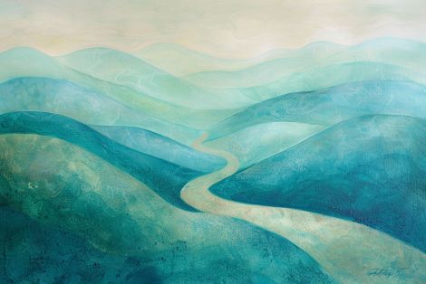 Winding Path Through Teal Mountains