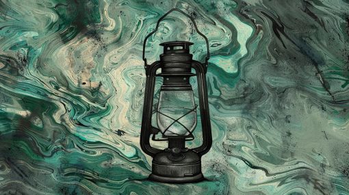 Vintage Lantern on Marbled Teal Waves