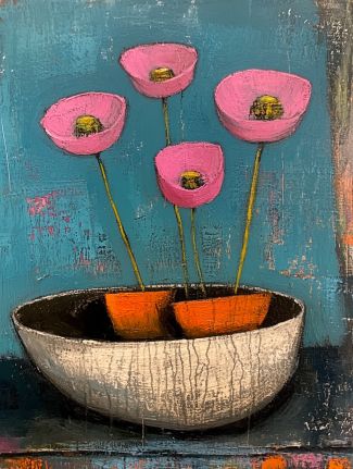 Pink Poppies in Rustic Bowl