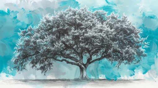 Ancient Oak in Teal Watercolor Wash