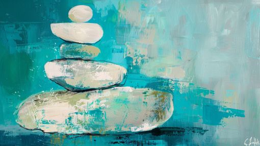 Balanced Stones in Tranquil Teal Waters