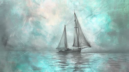 Sailboat Drifting Through Misty Turquoise Waters