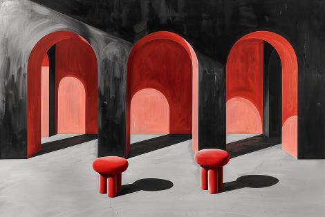 Red Arches in Shadowed Hall