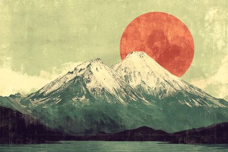 Red Sun Over Snow Capped Peaks