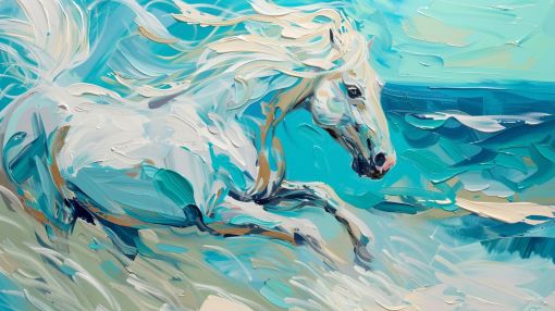 White Horse Running Through Turquoise Waves