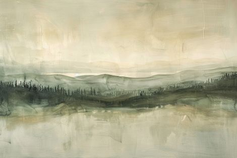 Misty Pines Across Still Waters