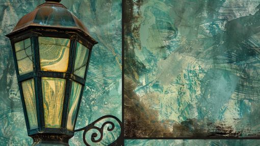 Vintage Lantern on Weathered Teal Canvas