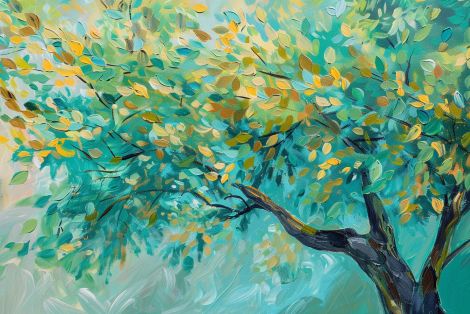 Golden Leaves Dancing in Teal Breeze