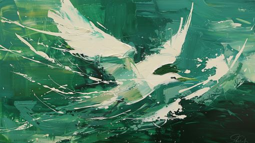 White Heron Soaring Through Emerald Seas