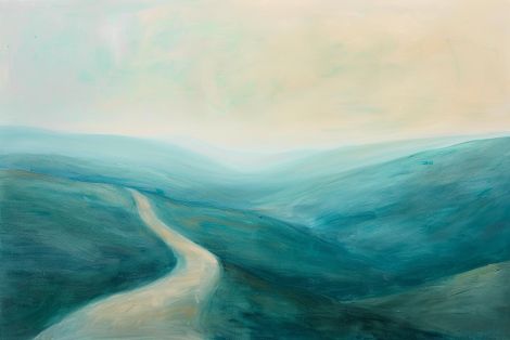 Winding Path Through Misty Green Hills