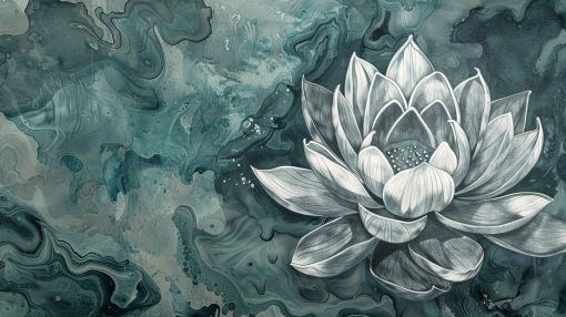 Lotus Bloom in Teal Marble Waters