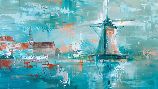 Dutch Windmill in Teal Abstraction