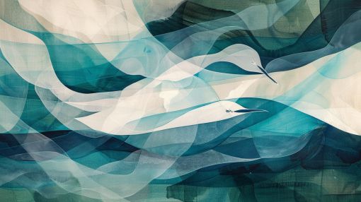Graceful Herons in Flowing Teal Waves