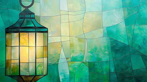Emerald Lantern in Stained Glass Light