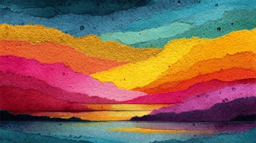 Vibrant Watercolor Mountains at Sunset