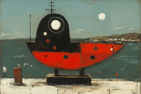 Red Ship Resting at Moonlit Harbor