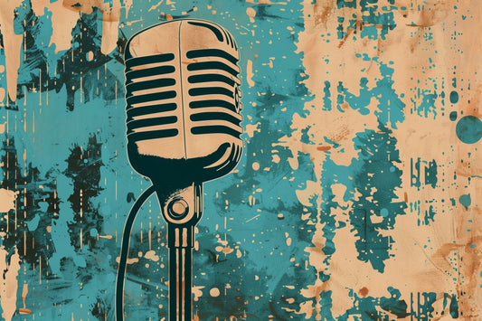 Vintage Microphone in Retro Teal Grunge