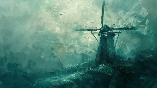 Windmill Rising Through Emerald Mist