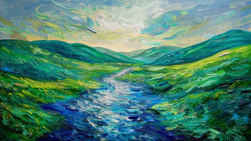 Emerald Valley River Through Rolling Hills